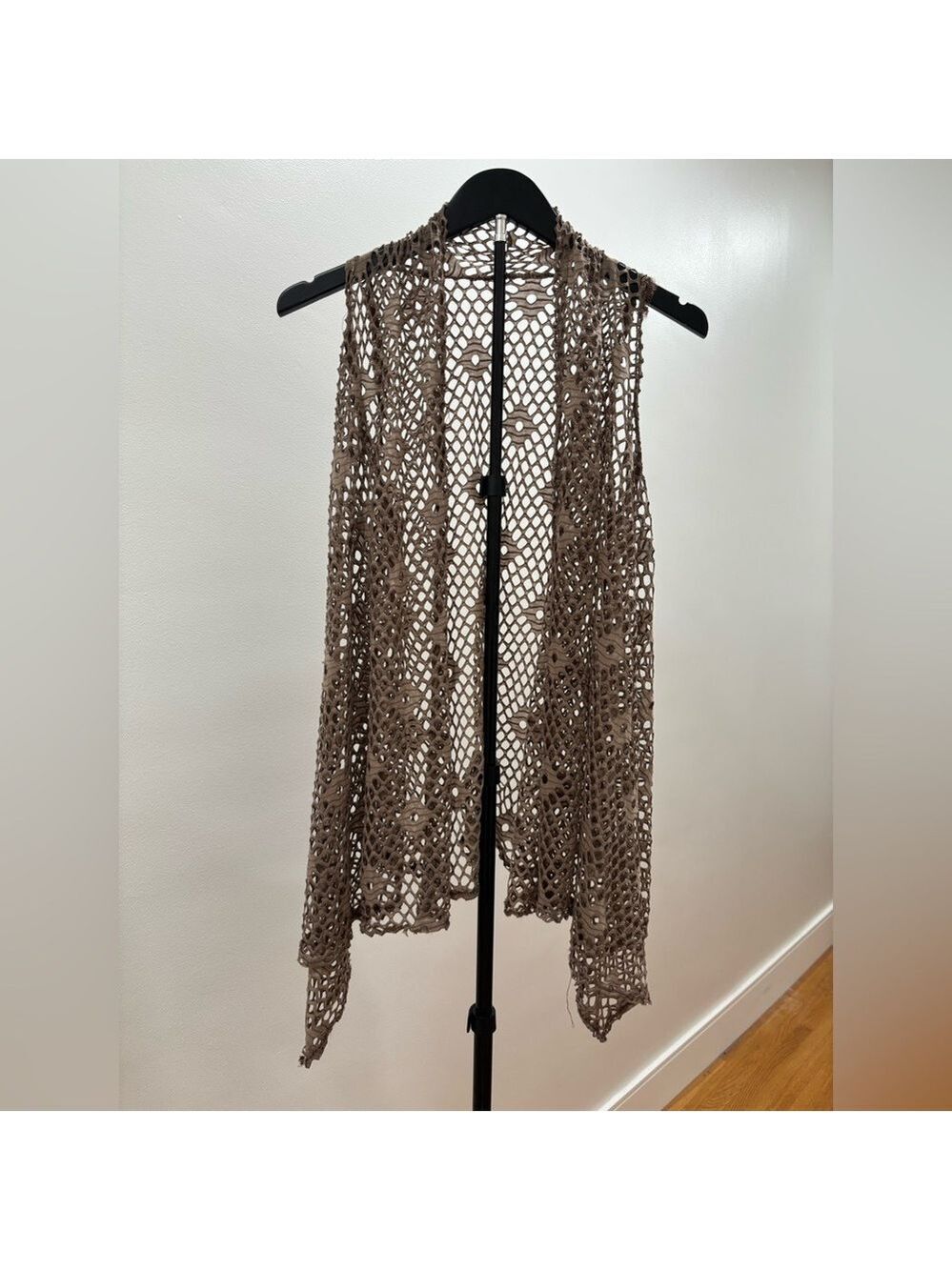 728. Crochet Open Knit Vest in Taupe